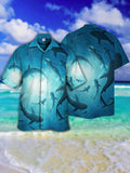 Eye-Catching Blue Natural Shark And Mermaid Print Cuban Collar Hawaiian Short Sleeve Shirt