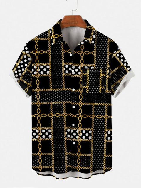Kurzärmliges Retro-Herrenhemd mit unregelmäßiger Kette und schwarzem Punkt
