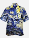 Eye-Catching Classic Famous Painting Starry Sky Cat Printing Cuban Collar Hawaiian Short Sleeve Shirt