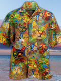 Eye-Catching Psychedelic Hippie Colorful Cat Oil Painting Printing Cuban Collar Hawaiian Short Sleeve Shirt