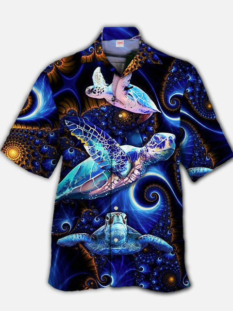 Eye-Catching Dream Sea World Turtles Printing Cuban Collar Hawaiian Short Sleeve Shirt