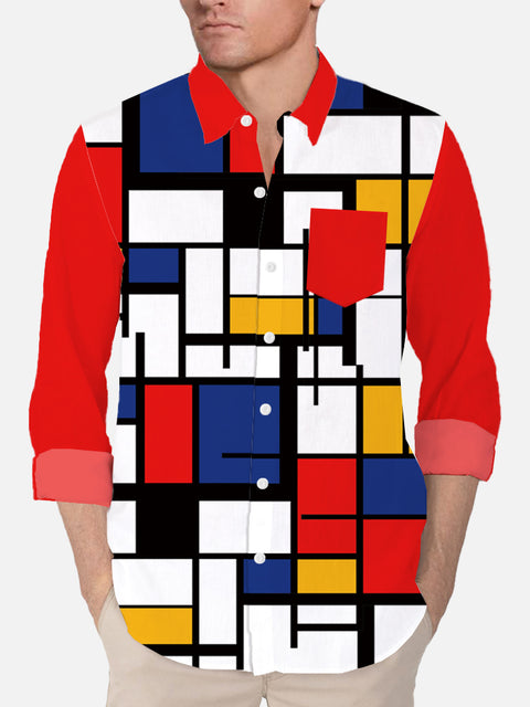 Full-Print Abstract Mondrian Checkered Printing Men's Long Sleeve Shirt