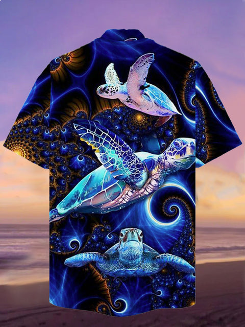Eye-Catching Dream Sea World Turtles Printing Cuban Collar Hawaiian Short Sleeve Shirt
