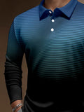 Black And Blue Striped Gradient Printing Buttons Lapel Long Sleeve Polo