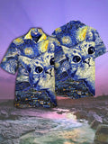 Eye-Catching Classic Famous Painting Starry Sky Cat Printing Cuban Collar Hawaiian Short Sleeve Shirt