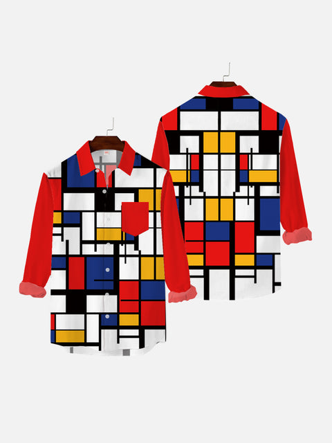Full-Print Abstract Mondrian Checkered Printing Men's Long Sleeve Shirt
