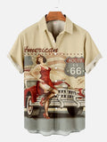 Retro Casual Pin Up Girl And Classic Car Route 66 Printing Short Sleeve Shirt