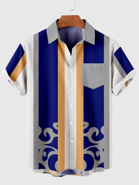 Chemise à manches courtes vintage à rayures blanches et bleues pour hommes
