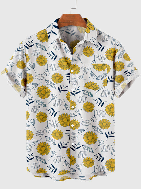 Chemise boutonnée à manches courtes pour hommes avec impression de chrysanthèmes et de feuilles