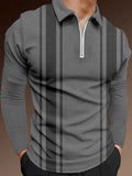Vintage Gray And Black Stripes Stitching Printing Lapel Long Sleeve Polo