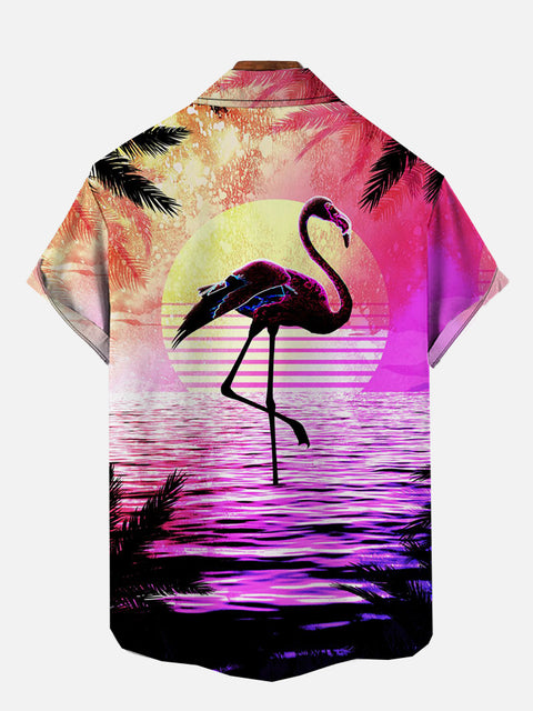 Pink Flamingo And Colorful Sunset Modern Art Painting Printing Short Sleeve Shirt