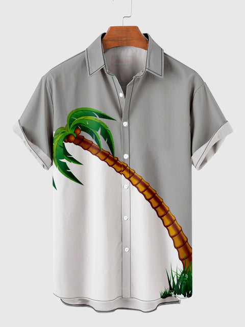 Chemise à manches courtes pour homme à imprimé de noix de coco et à coutures grises et blanches