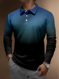 Black And Blue Striped Gradient Printing Buttons Lapel Long Sleeve Polo