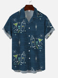 Blue Mid-Century Atomic Martinis and Shakers Printing Cuban Collar Hawaiian Short Sleeve Shirt
