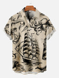 Map Print Hand Drawn Sailboat And Sea Monster Printing Short Sleeve Shirt