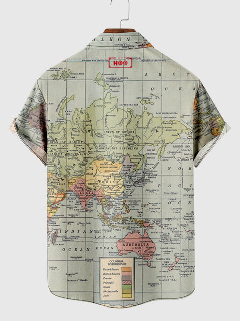 Mercator Projection Green World Map Printing Men's Short Sleeve Shirt