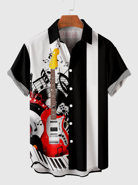 Black & White Stitching Guitar Printing Men's Short Sleeve Shirt