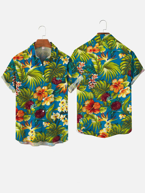 Hawaiian Tropical Garden Blue Allover Flower Printing Short Sleeve Shirt