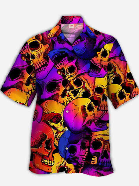 Eye-Catching Colorful Spiral Twisted Skulls Printing Cuban Collar Hawaiian Short Sleeve Shirt