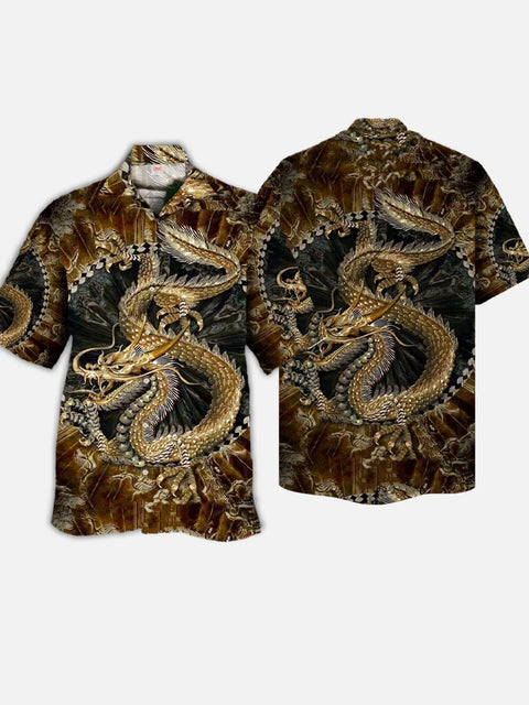 Eye-Catching Dragon Love Golden Dragon Printing Cuban Collar Hawaiian Short Sleeve Shirt
