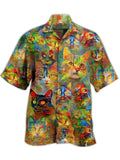 Eye-Catching Psychedelic Hippie Colorful Cat Oil Painting Printing Cuban Collar Hawaiian Short Sleeve Shirt