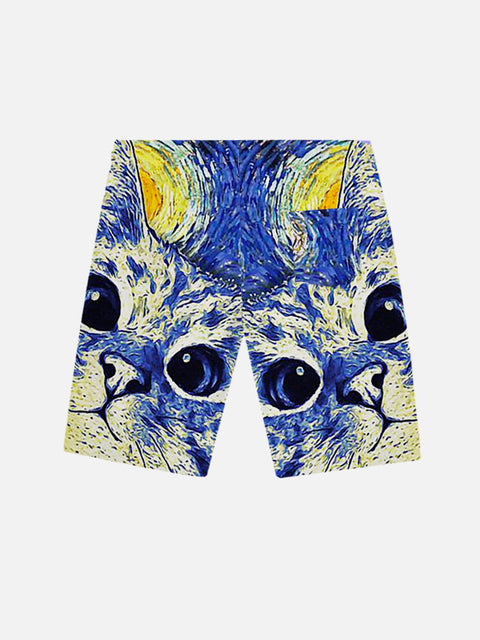 Classic Famous Painting Starry Sky Cat Printing Shorts
