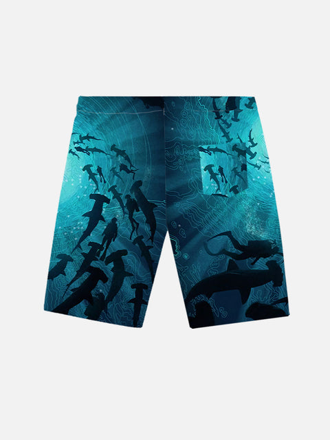 Blue Harmonious Nature Hammerhead Sharks And Divers Print Shorts