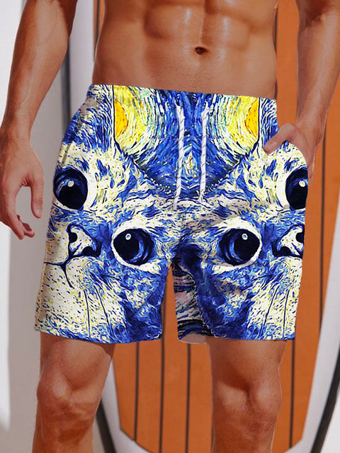 Classic Famous Painting Starry Sky Cat Printing Shorts