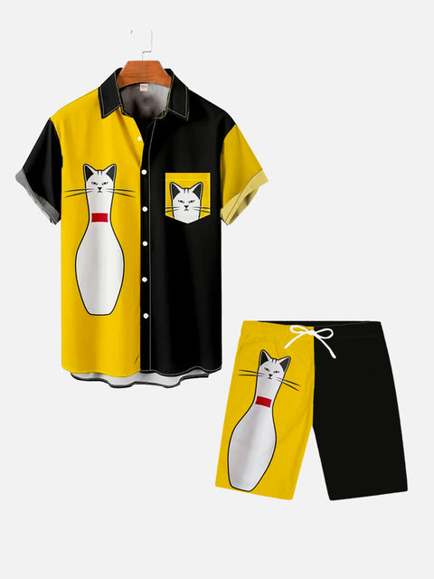 Hawaiian Vintage Black And Yellow Stitching Bowling Cat Printing Shorts
