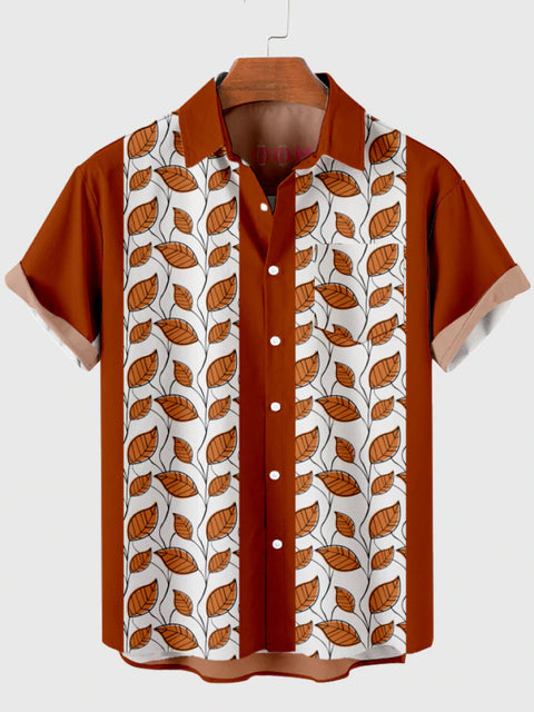 HOO 1960s Leaf Printing & Orange Stitching Men's Short Sleeve Shirt