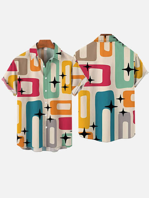 Mid Century Modern Style Abstract Geometric Wide-Sided Rectangular Black Star Printing Short Sleeve Shirt
