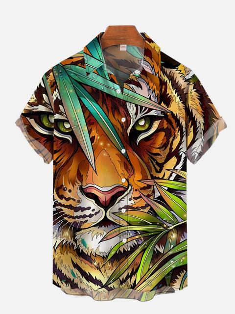 Tiger In The Jungle Exotic Tropical Printing Hawaiian Short Sleeve Shirt