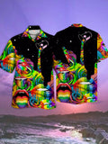 Eye-Catching Psychedelic Hippie Rainbow Lips Printing Cuban Collar Hawaiian Short Sleeve Shirt