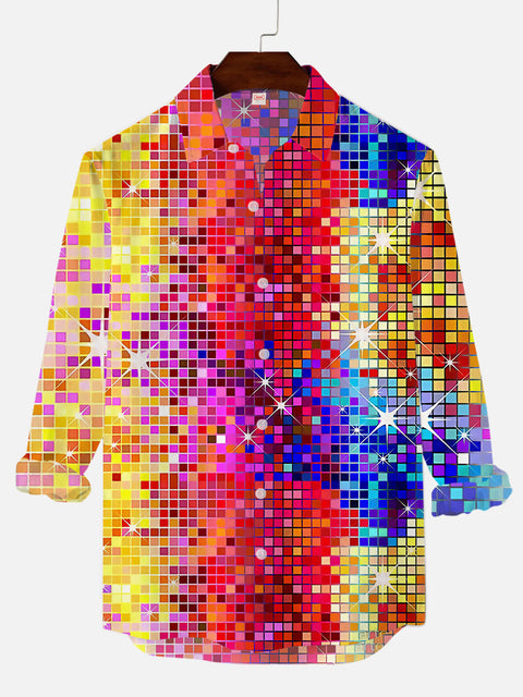 70'S Disco Metallic Glitter Mosaic Pattern Printed Men's Long Sleeve Shirt