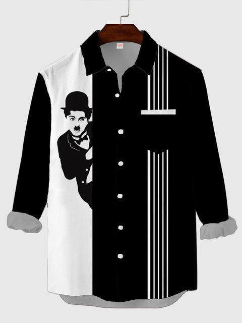 Retro Black And White Stitching Stripes And Silent Film Chaplin Printing Men's Long Sleeve Shirt