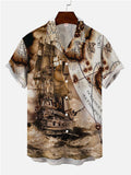 Vintage Nautical Map The Pirate Ship Printing Cuban Collar Men's Short Sleeve Shirt