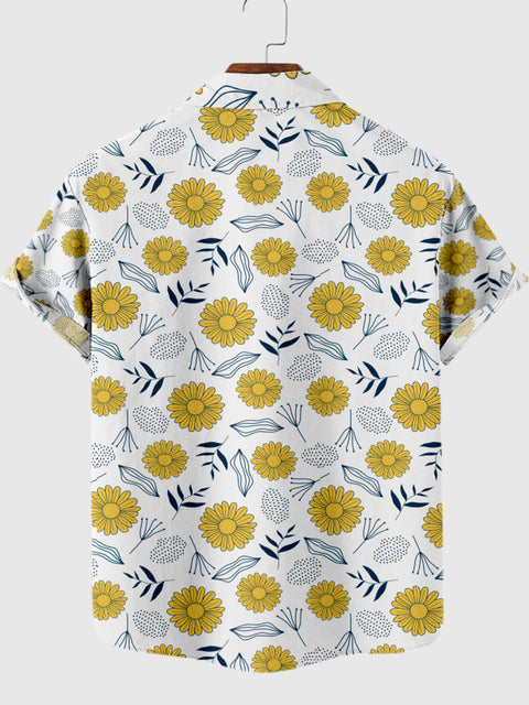 Herren-Kurzarmhemd mit Knopfleiste und Chrysanthemen- und Blattdruck