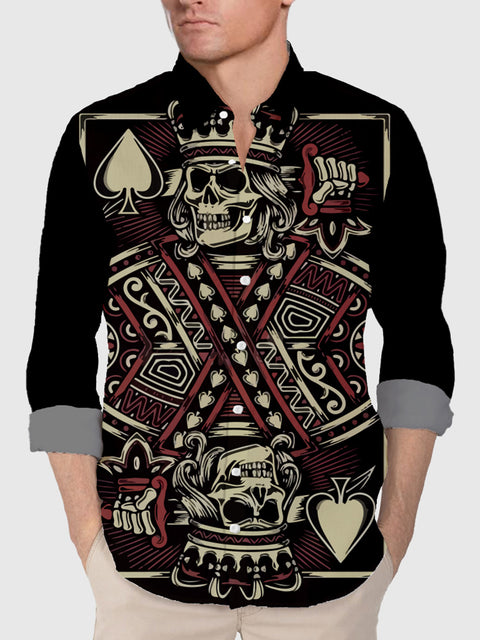 Hippie Stylish Skeleton Skull King Of Spades Death Card Printing Men's Long Sleeve Shirt