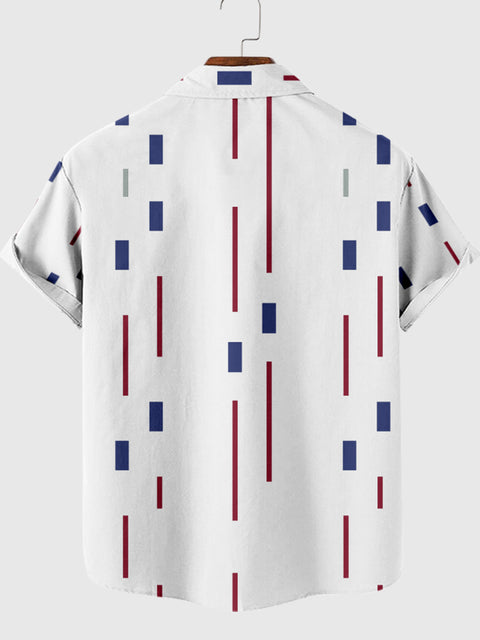 Chemise à manches courtes pour hommes avec impression de lignes simples et de blocs bleus