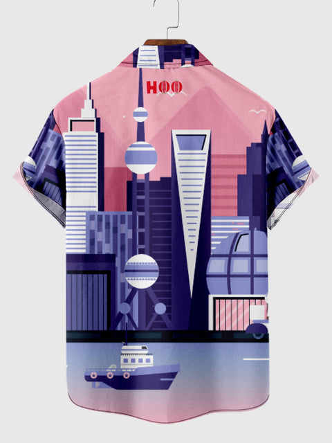 Vollbedrucktes Herren-Kurzarmhemd mit Shanghai-Stadtdruck