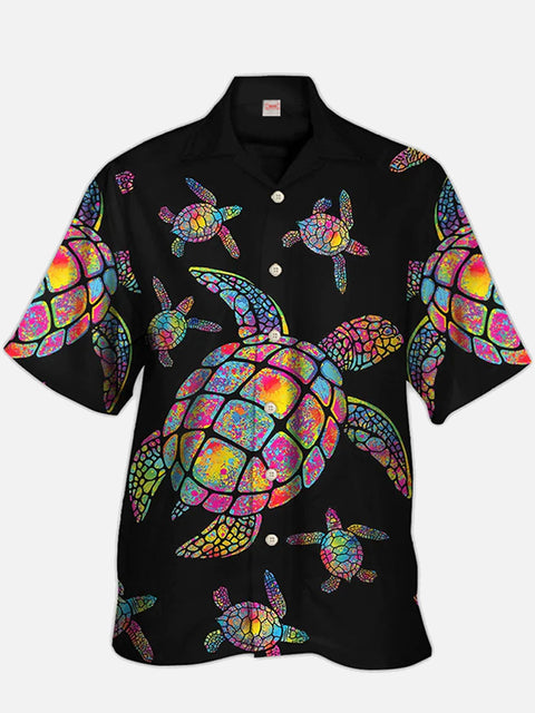 Eye-Catching Amazing Style Hippie Marine Life Ocean Turtle Printing Cuban Collar Hawaiian Short Sleeve Shirt
