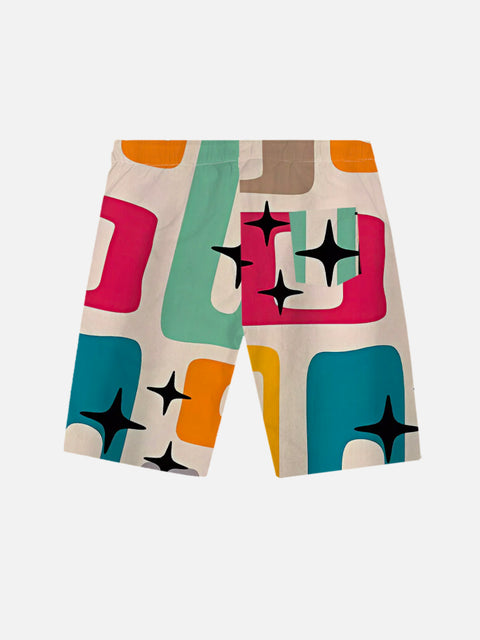 Mid Century Modern Style Abstract Geometric Wide-Sided Rectangular Black Star Printing Shorts