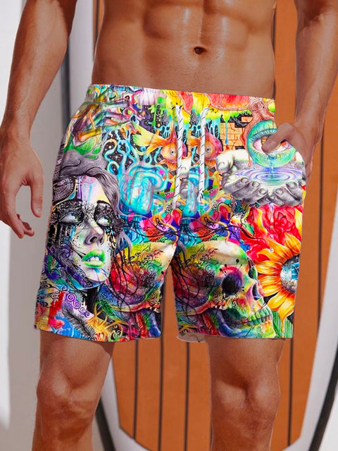 Hippie Crazy Art Stream Psychedelic Dimensions Skull Tropical Hawaiian Shorts