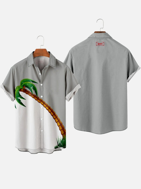 Chemise à manches courtes pour homme à imprimé de noix de coco et à coutures grises et blanches