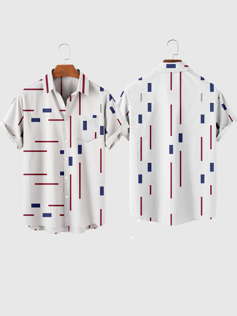 Chemise à manches courtes pour hommes avec impression de lignes simples et de blocs bleus