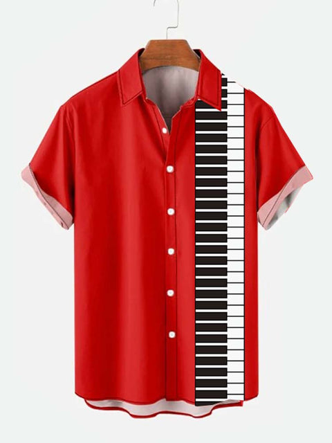 Red Music Symbol And Piano Keyboard Printing Men's Short Sleeve Shirt