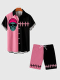 Black & Pink Stitching With Skull Printing Men's Shorts