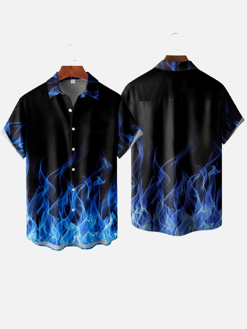 Blue Fire Flame Pattern Printing Short Sleeve Shirt