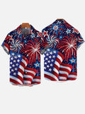 Casual Bright Fireworks And American Flag Printing Short Sleeve Shirt
