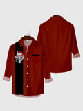Vintage Christmas Elements Red And Black Stitching Giraffe Wearing Christmas Headdress Printing Men's Long Sleeve Shirt